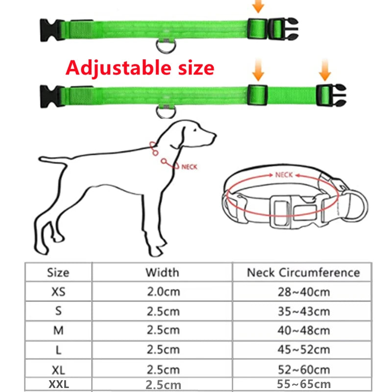 Adjustable LED Glowing Dog Collar Luminous Night Light Safety Harness for Large Small Dogs and Cats USB Rechargeable