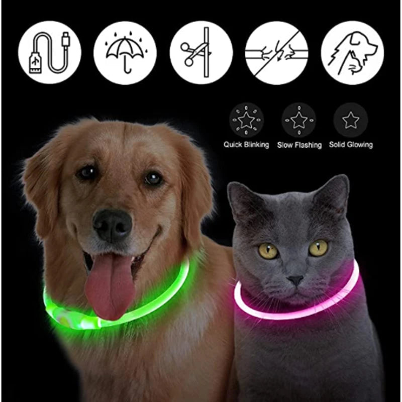 Adjustable LED Glowing Dog Collar Luminous Night Light Safety Harness for Large Small Dogs and Cats USB Rechargeable